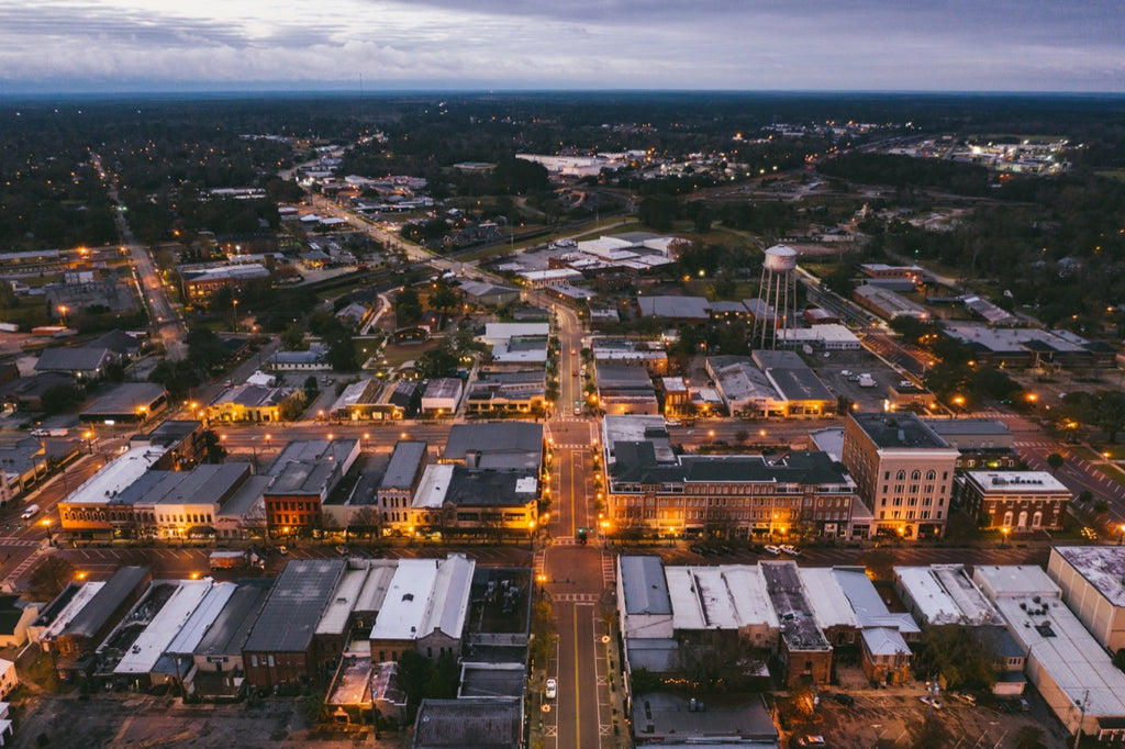 Jackson Street at Sunrise in Downtown Thomasville, Georgia - Aerial Tallahassee